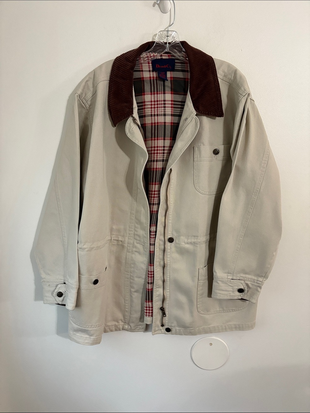 Men's Beige Barn Chore Jacket with Brown Corduroy Collar & cuffs  EUC Large Vtg